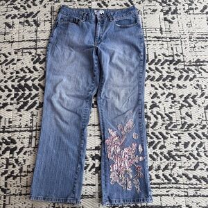 Women's Size 12 Petite Coldwater Creek Denim Jeans with Pink Floral Embroidery